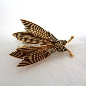 Vintage Pauline Rader signed Trembler Cicada Brooch brass pearl and crystal